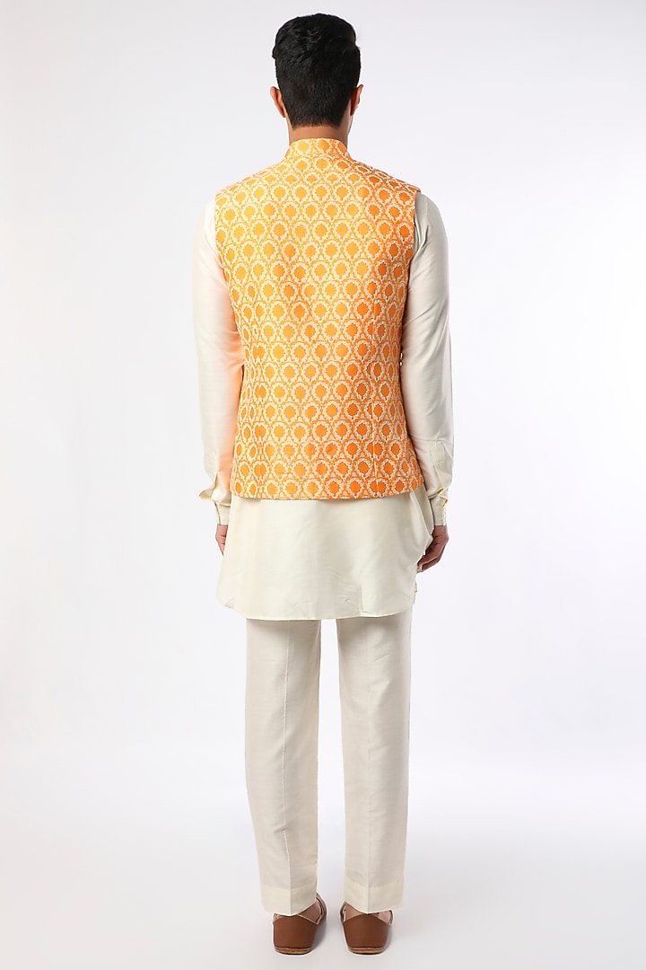 Orange Tussar Block Printed Bundi Jacket Set by Krishna Mehta Men at Pernia's Pop Up Shop