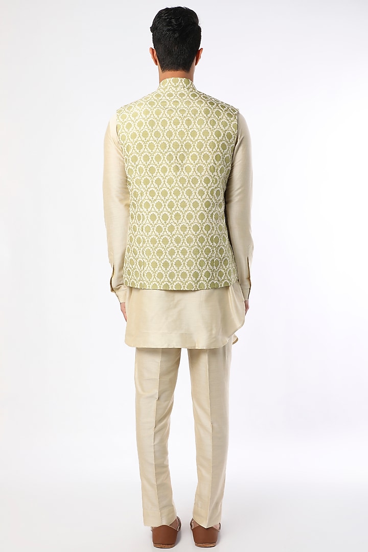 Olive Green Tussar Block Printed & Cord Embroidered Bundi Jacket Set by Krishna Mehta Men at Pernia's Pop Up Shop