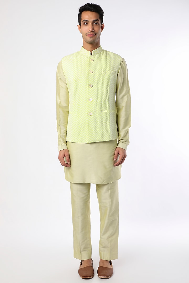 Pista Green Kurta Set With Bundi Jacket by Krishna Mehta Men