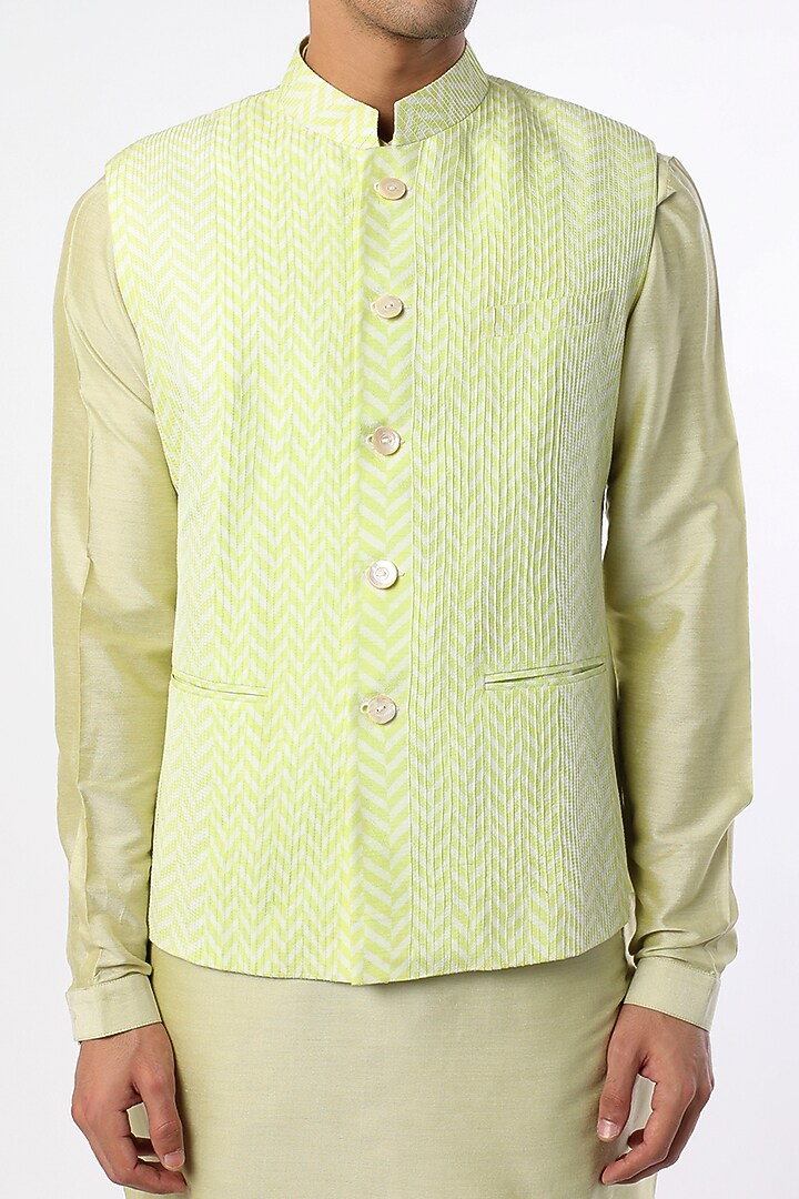 Pista Green Tussar Block Printed Bundi Jacket Set by Krishna Mehta Men at Pernia's Pop Up Shop