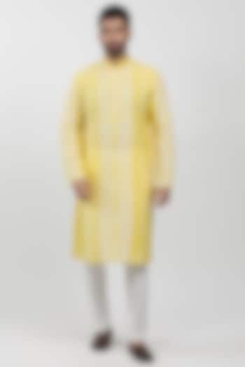 Yellow Tussar Hand Embroidered Kurta Set by Krishna Mehta Men at Pernia's Pop Up Shop