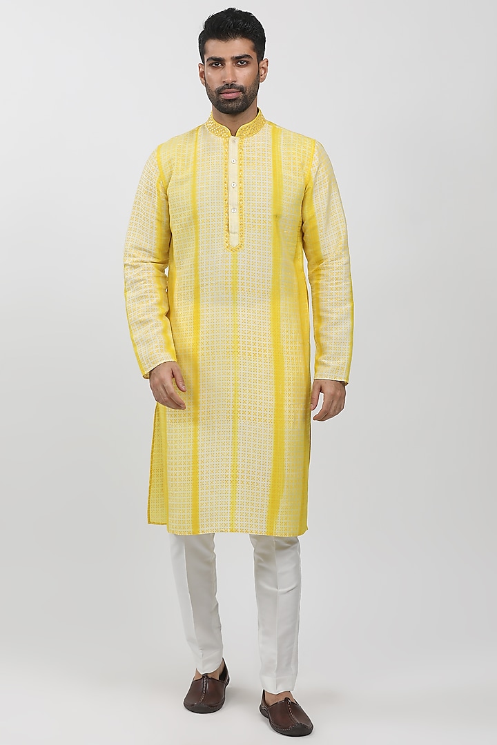 Yellow Tussar Hand Embroidered Kurta Set by Krishna Mehta Men at Pernia's Pop Up Shop