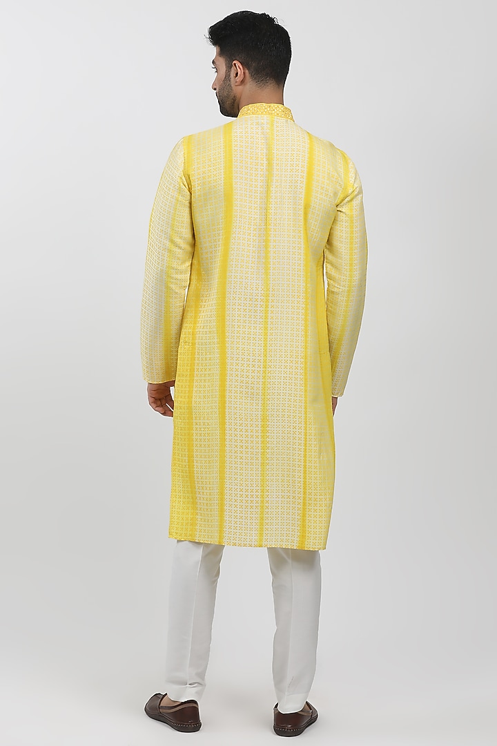 Yellow Tussar Hand Embroidered Kurta Set by Krishna Mehta Men at Pernia's Pop Up Shop