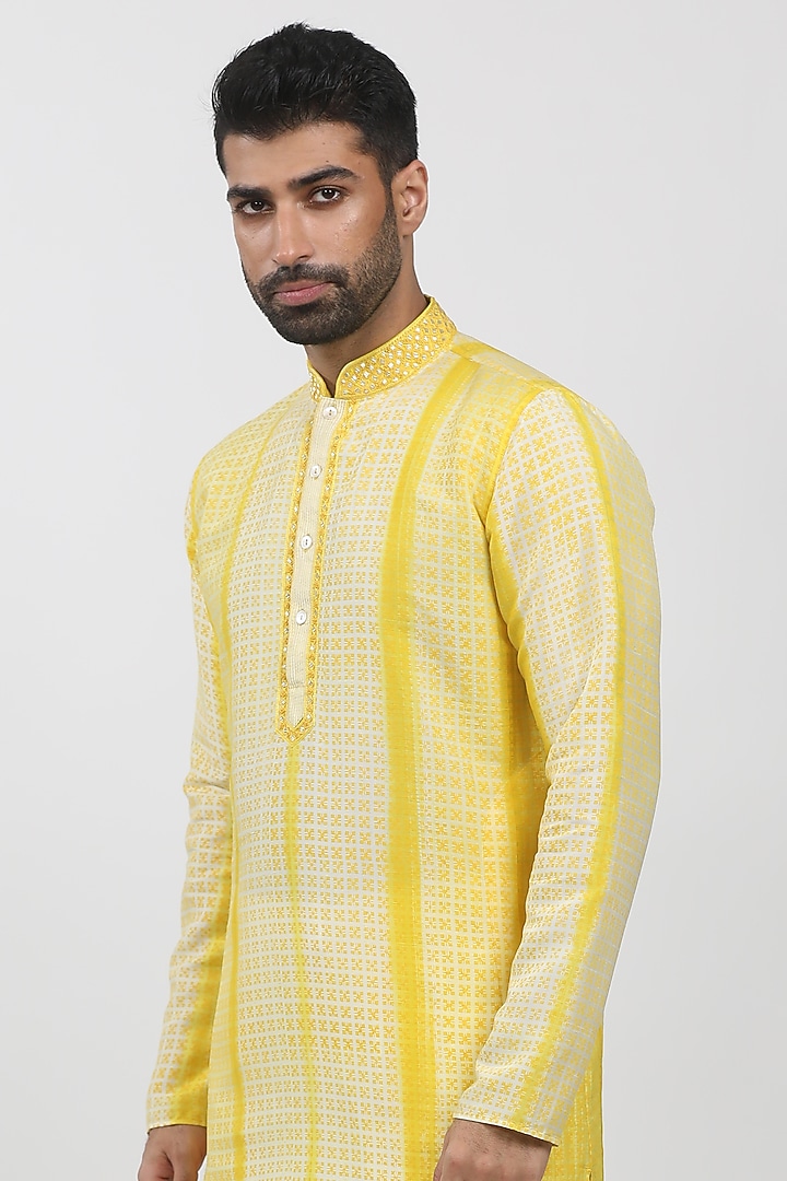 Yellow Tussar Hand Embroidered Kurta Set by Krishna Mehta Men at Pernia's Pop Up Shop