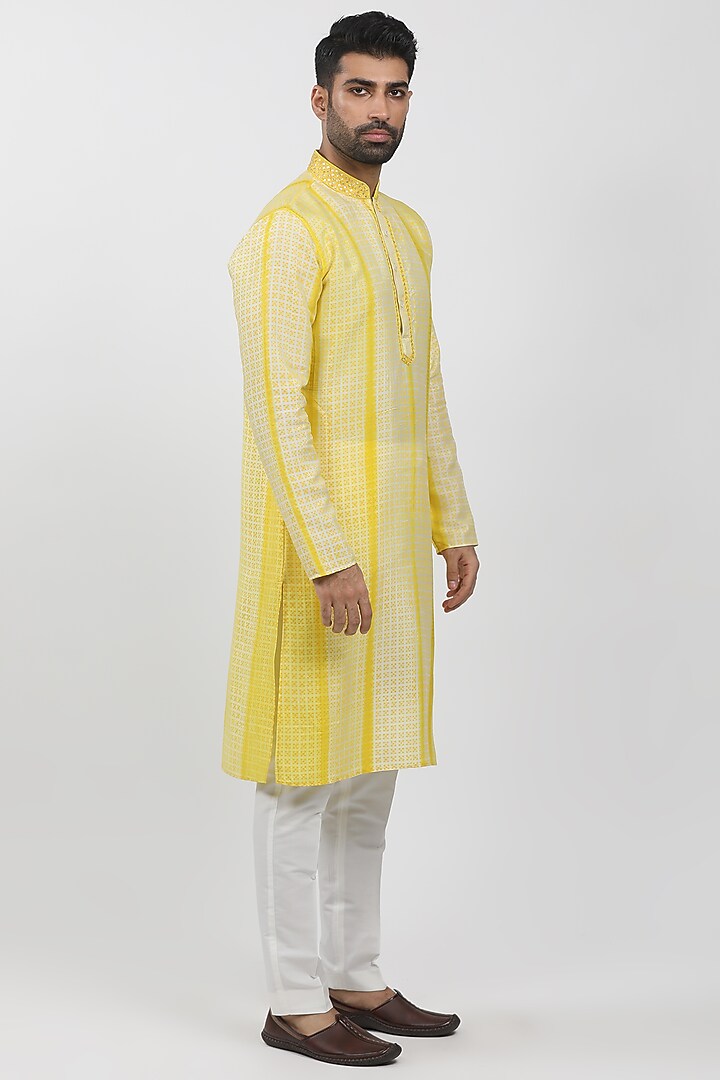 Yellow Tussar Hand Embroidered Kurta Set by Krishna Mehta Men at Pernia's Pop Up Shop