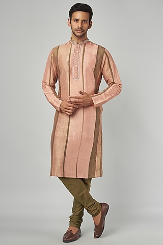 Peach & Brown Tussar Embroidered & Printed Kurta Set by Krishna Mehta Men