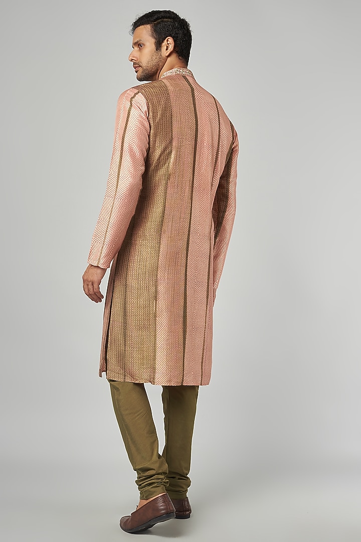 Peach & Brown Tussar Embroidered & Printed Kurta Set by Krishna Mehta Men at Pernia's Pop Up Shop
