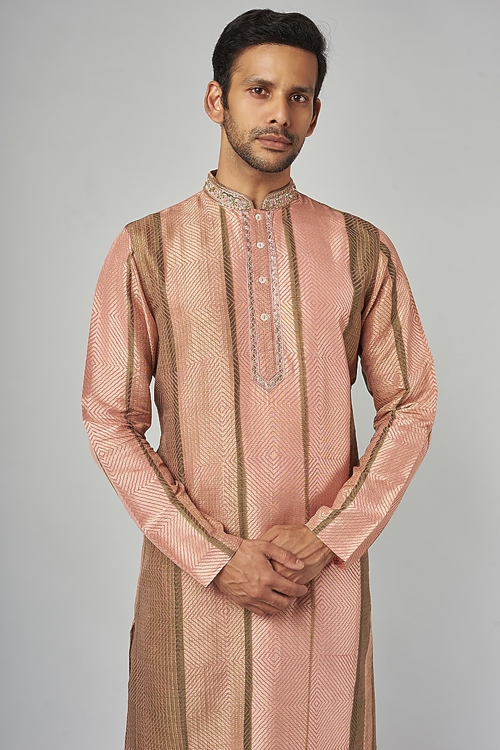 Peach & Brown Tussar Embroidered & Printed Kurta Set by Krishna Mehta Men at Pernia's Pop Up Shop