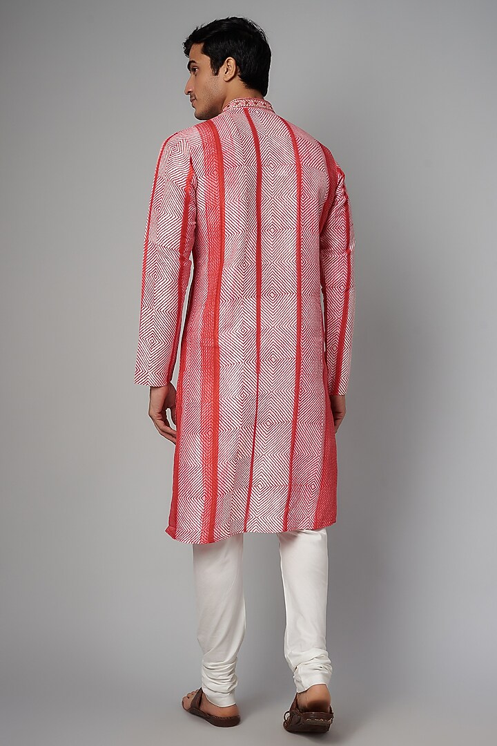 Red Tussar Hand Block Printed & Embroidered Kurta Set by Krishna Mehta Men at Pernia's Pop Up Shop