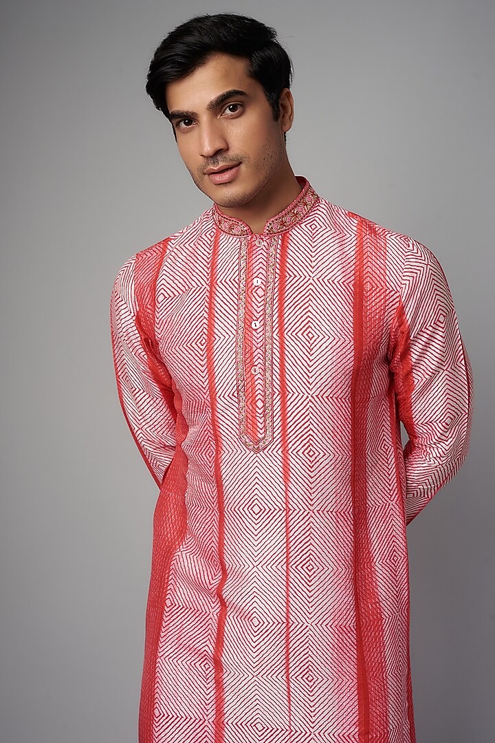 Red Tussar Hand Block Printed & Embroidered Kurta Set by Krishna Mehta Men at Pernia's Pop Up Shop