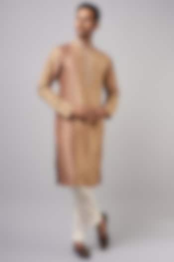 Golden Brown Tussar Printed & Embroidered Kurta Set by Krishna Mehta Men