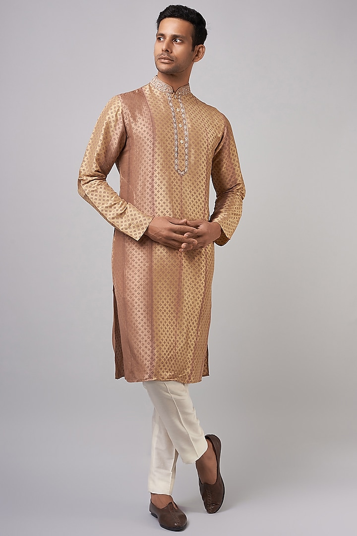 Golden Brown Tussar Printed & Embroidered Kurta Set by Krishna Mehta Men