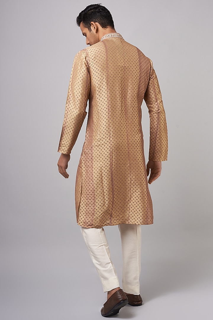 Golden Brown Tussar Printed & Embroidered Kurta Set by Krishna Mehta Men at Pernia's Pop Up Shop