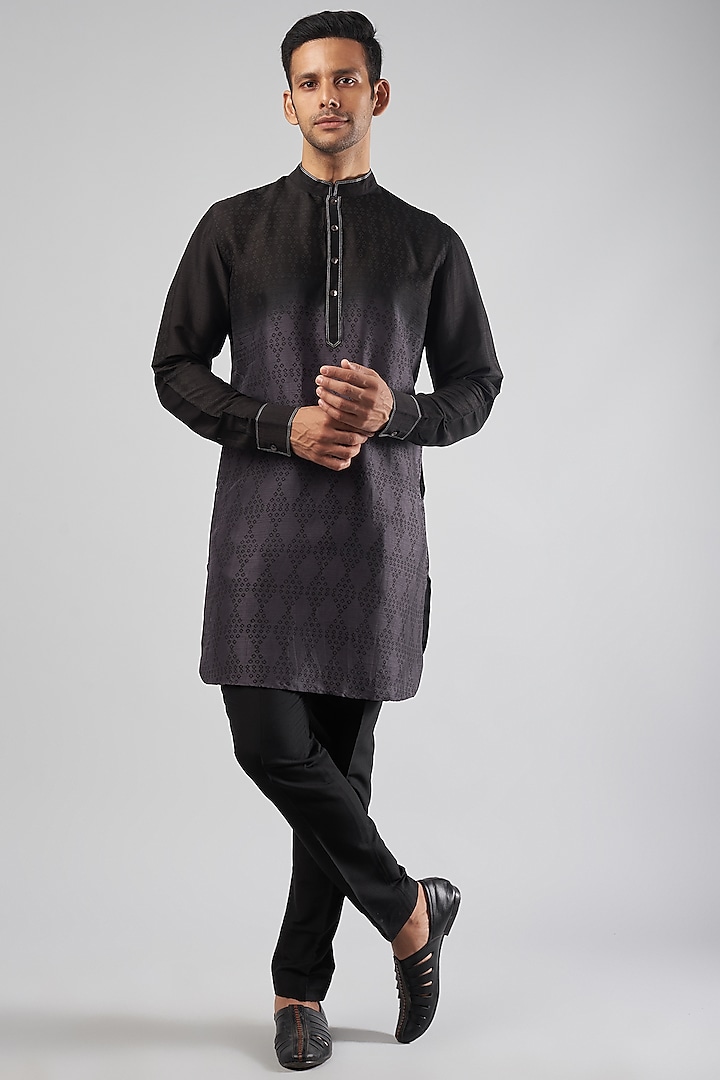 Black & Grey Tussar Printed Kurta Set by Krishna Mehta Men