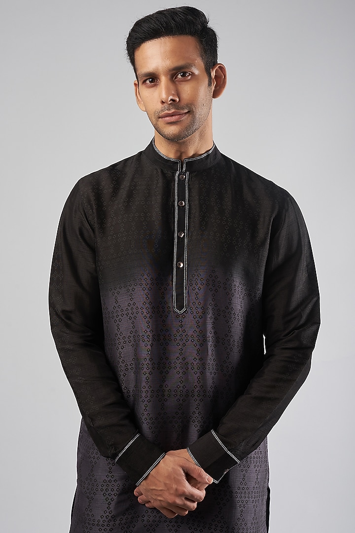Black & Grey Tussar Printed Kurta Set by Krishna Mehta Men at Pernia's Pop Up Shop