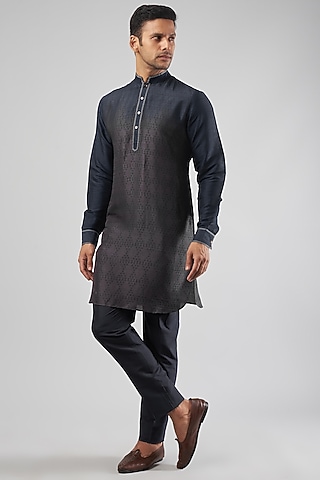 Indigo & Navy Blue Tussar Printed Kurta Set by Krishna Mehta Men