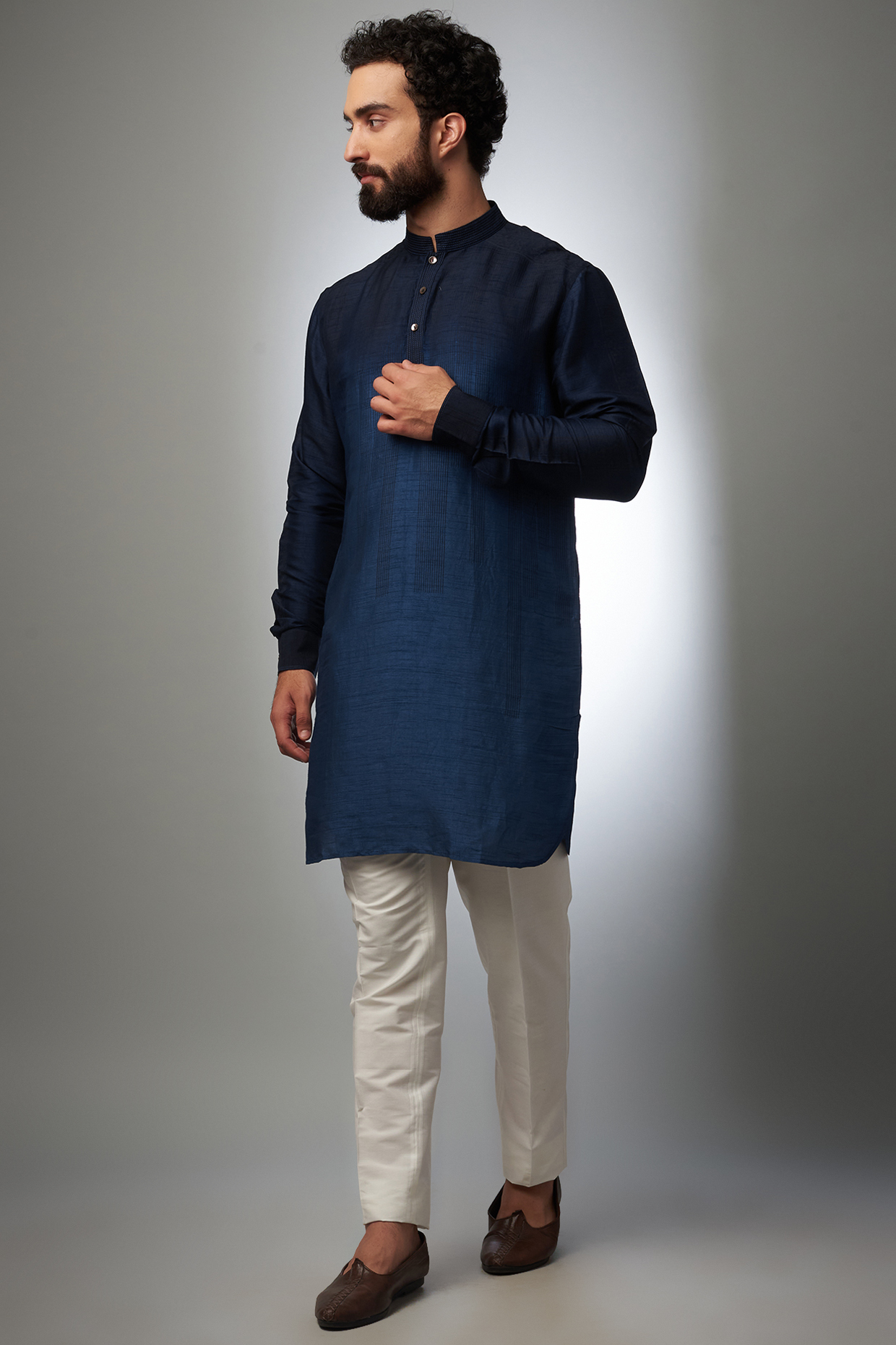 Navy Blue Viscose Cotton Embroidered Kurta Set by Krishna Mehta Men