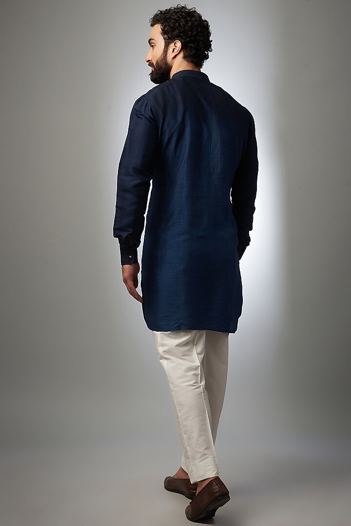 Navy Blue Viscose Cotton Embroidered Kurta Set by Krishna Mehta Men at Pernia's Pop Up Shop