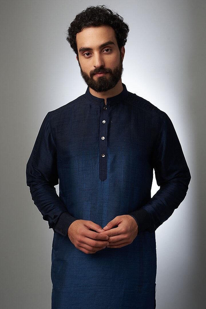 Navy Blue Viscose Cotton Embroidered Kurta Set by Krishna Mehta Men at Pernia's Pop Up Shop
