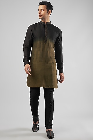 Olive Green & Black Pure Silk Block Printed Kurta Set by Krishna Mehta Men