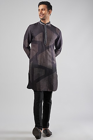 Grey & Black Pure Silk Block Printed Kurta Set by Krishna Mehta Men