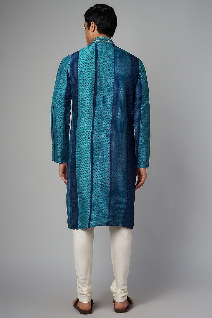 Blue Tussar Hand Block Printed & Embroidered Kurta Set by Krishna Mehta Men at Pernia's Pop Up Shop