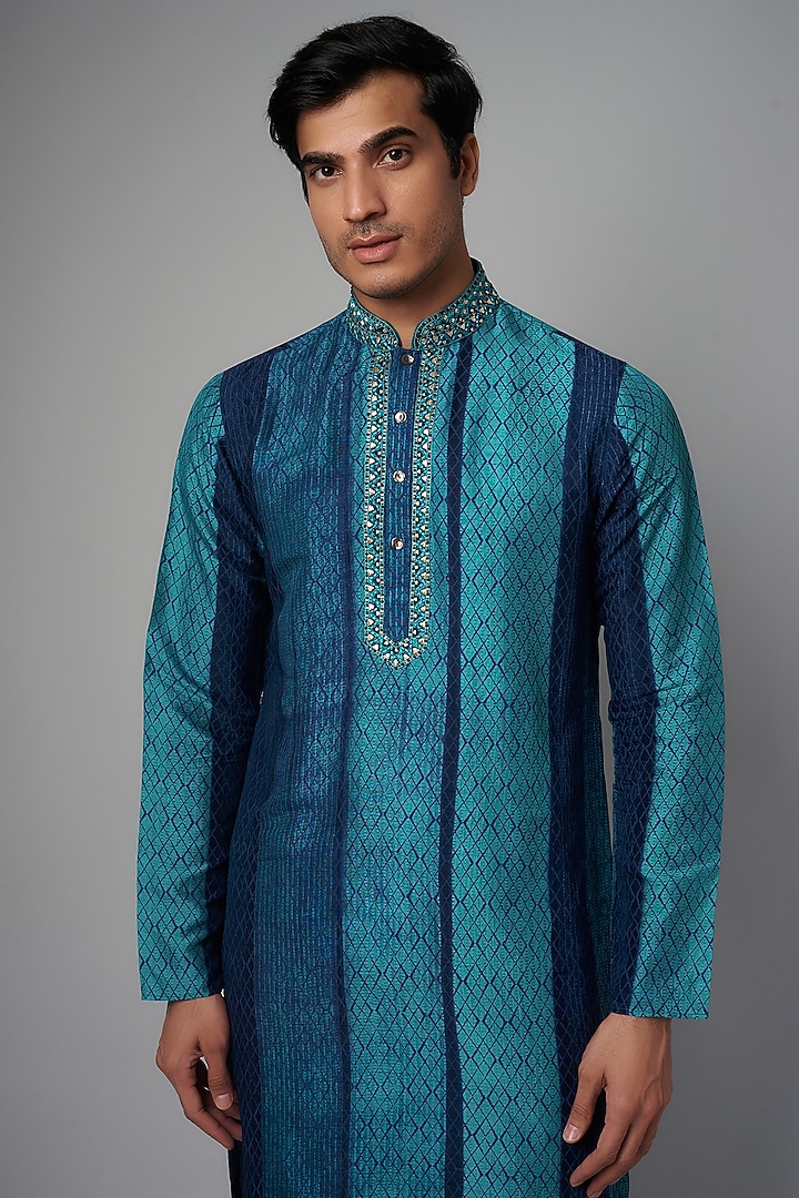 Blue Tussar Hand Block Printed & Embroidered Kurta Set by Krishna Mehta Men at Pernia's Pop Up Shop
