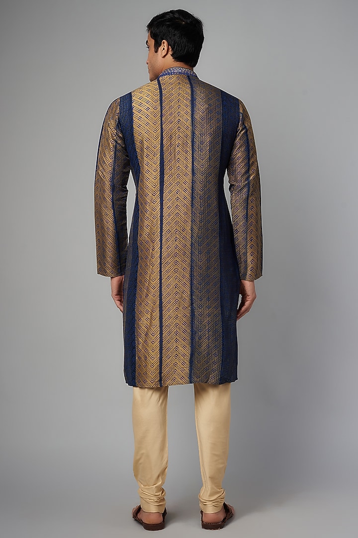 Blue & Gold Tussar Hand Block Printed Kurta Set by Krishna Mehta Men at Pernia's Pop Up Shop