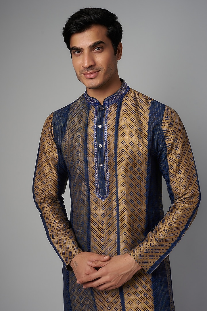 Blue & Gold Tussar Hand Block Printed Kurta Set by Krishna Mehta Men at Pernia's Pop Up Shop
