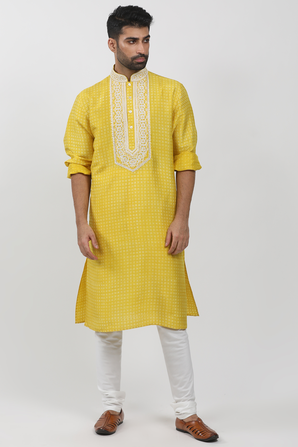 Yellow Tussar Printed & Embroidered Kurta Set by Krishna Mehta Men