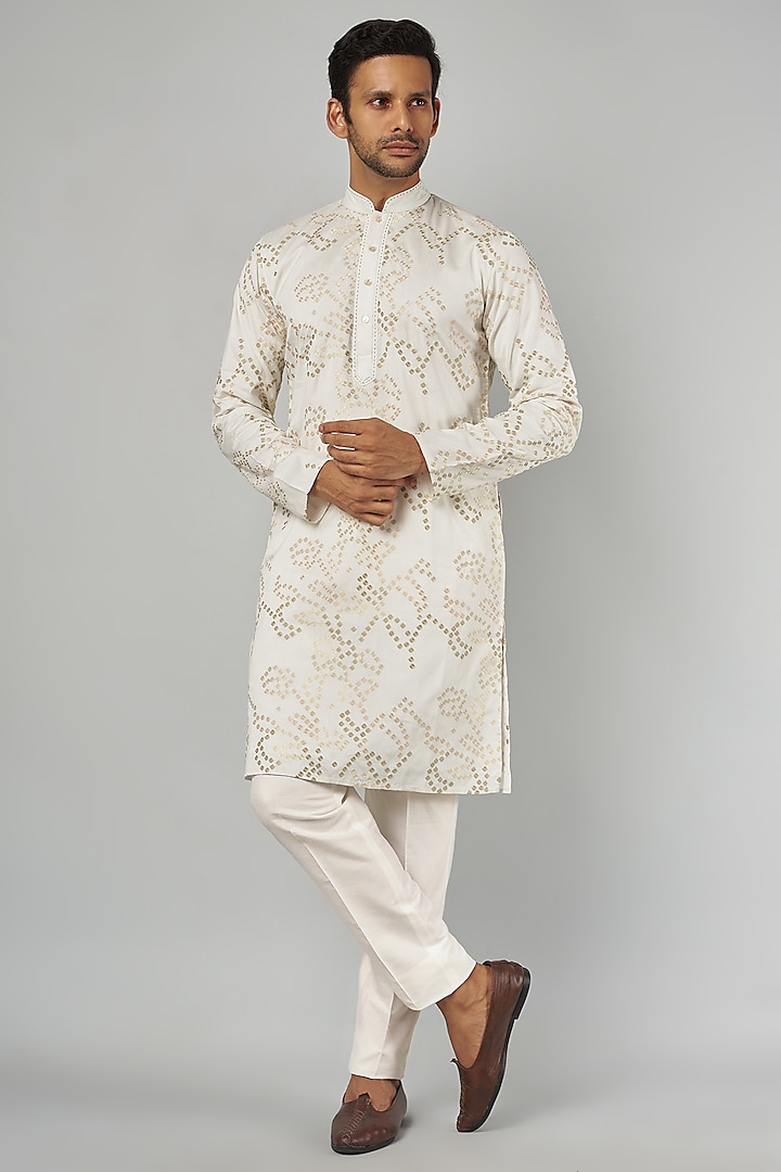 Cream Cotton Viscose Embroidered Kurta Set by Krishna Mehta Men