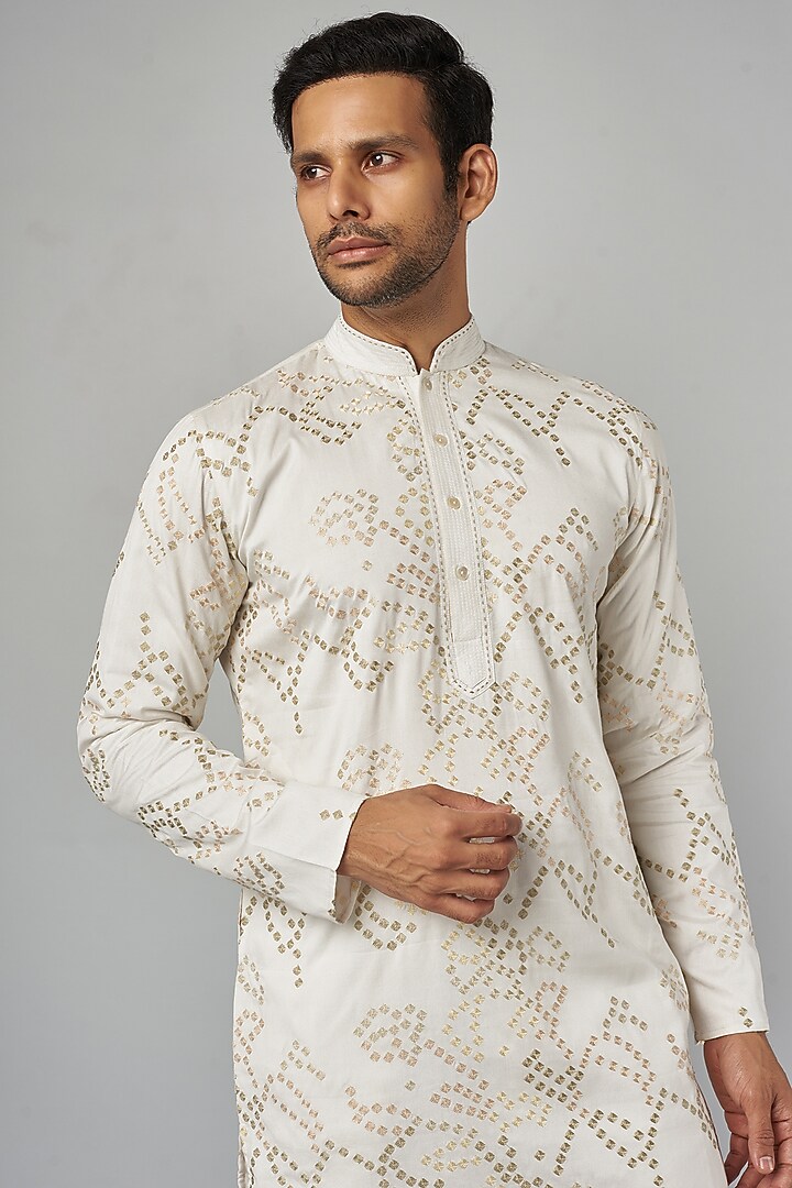 Cream Cotton Viscose Embroidered Kurta Set by Krishna Mehta Men at Pernia's Pop Up Shop