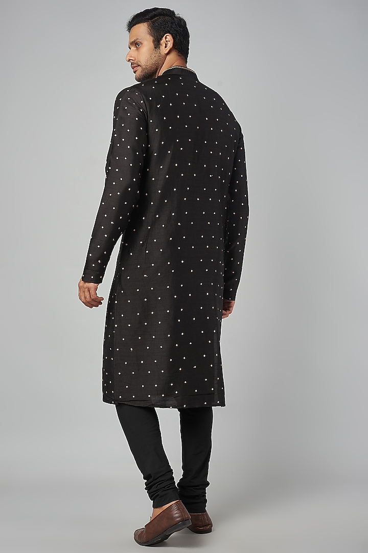 Black Tussar Embroidered Kurta Set by Krishna Mehta Men at Pernia's Pop Up Shop