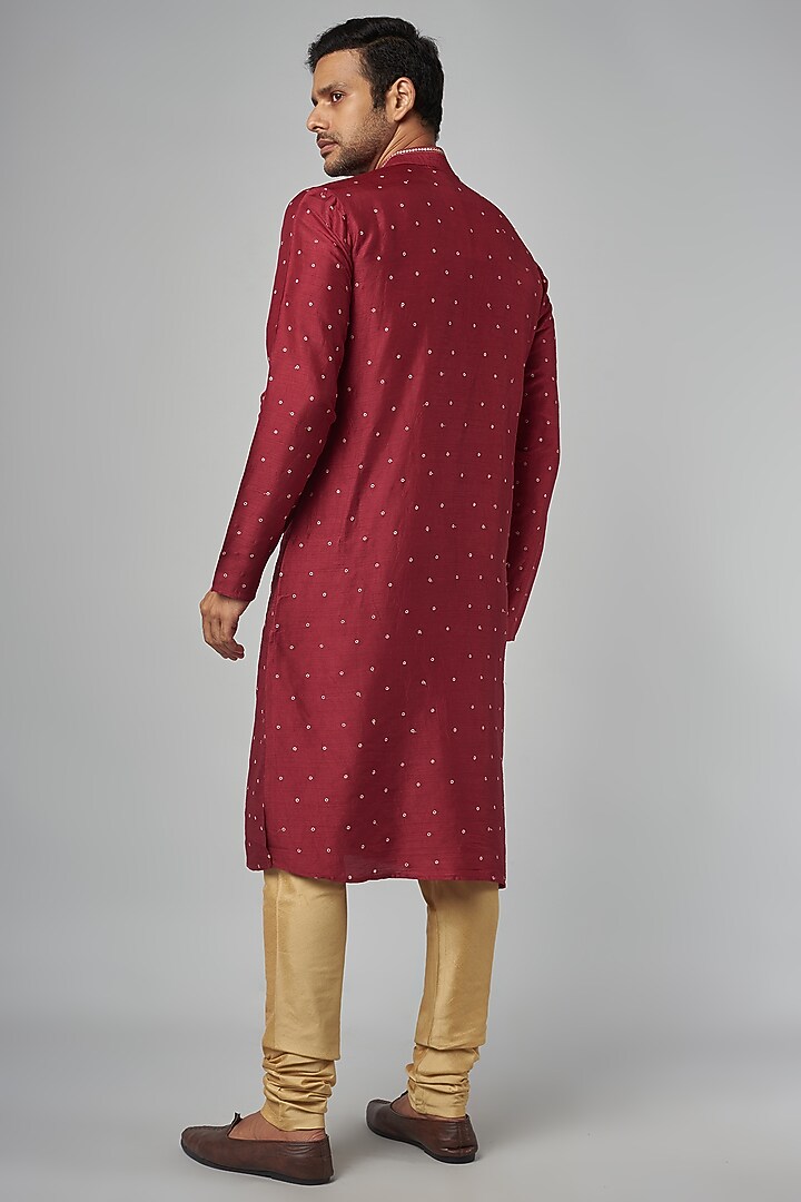 Red Tussar Embroidered Kurta Set by Krishna Mehta Men at Pernia's Pop Up Shop