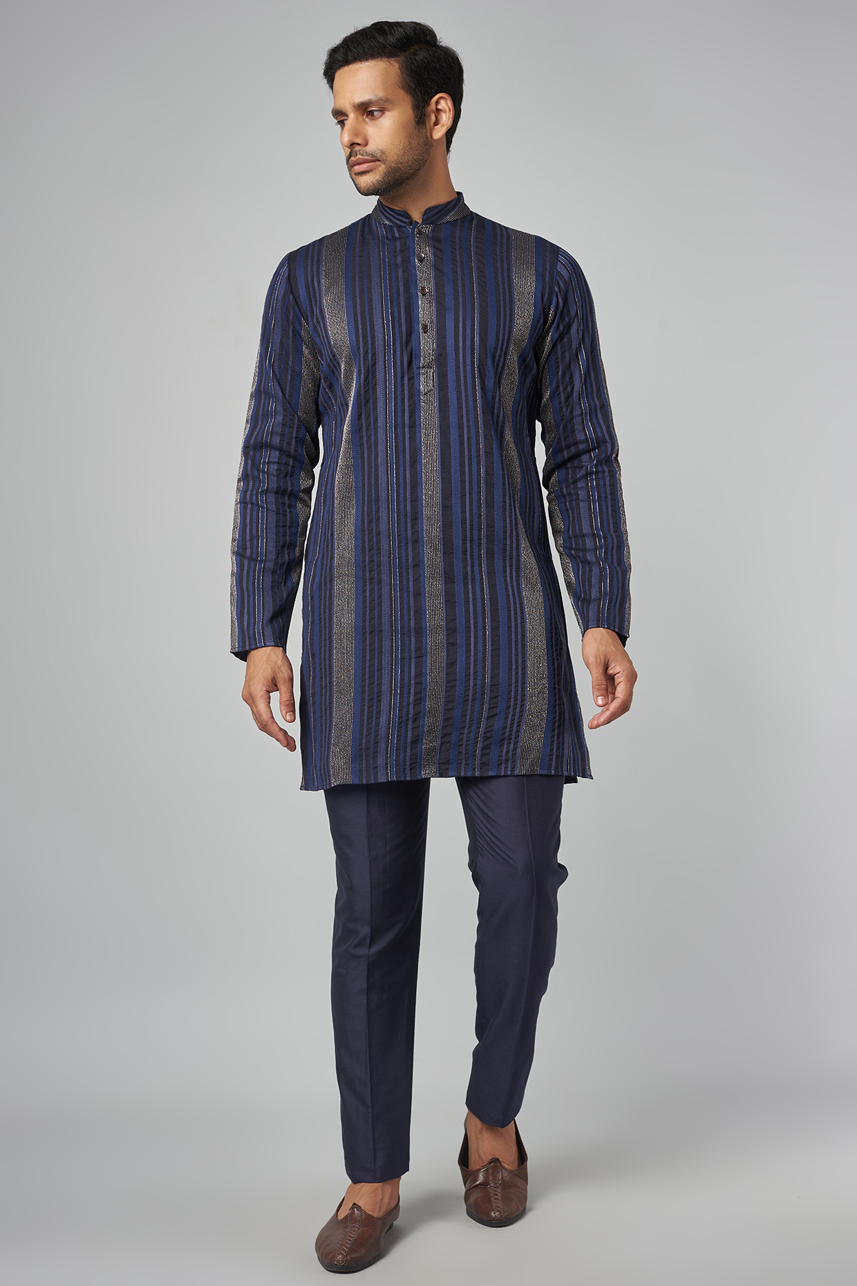 Navy Blue Cotton Viscose Embroidered Kurta Set by Krishna Mehta Men