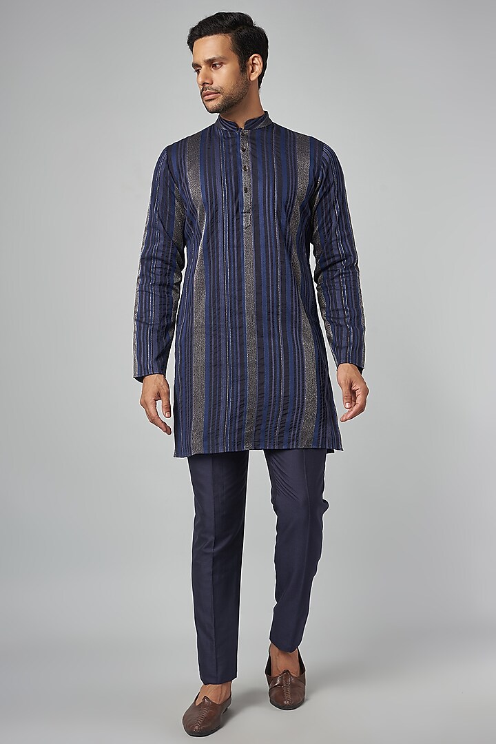 Navy Blue Cotton Viscose Embroidered Kurta Set by Krishna Mehta Men