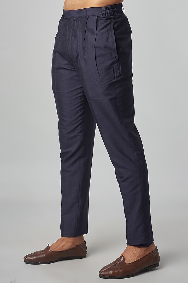 Navy Blue Cotton Viscose Embroidered Kurta Set by Krishna Mehta Men at Pernia's Pop Up Shop