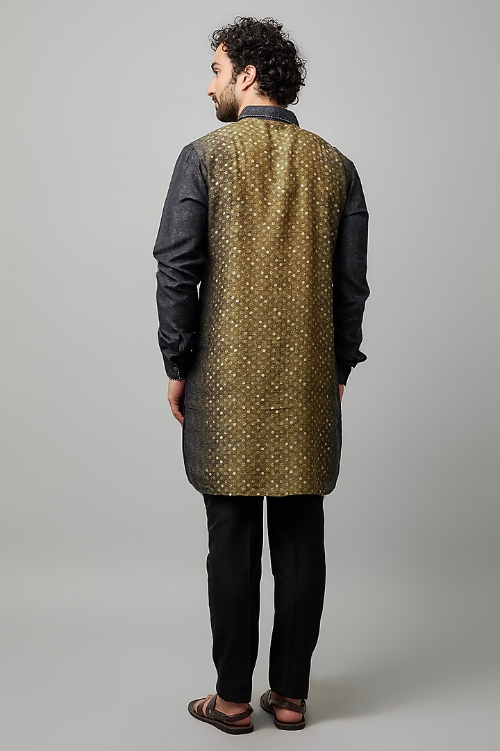 Mustard Tussar Batik Printed Kurta Set by Krishna Mehta Men at Pernia's Pop Up Shop