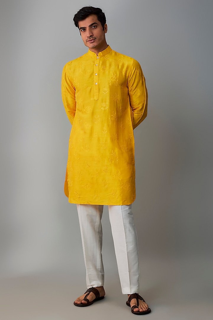 Mustard Dupion Silk Machine Embroidered Kurta Set by Krishna Mehta Men