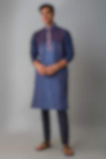 Dark Blue Ombre Silk Hand Embroidered Kurta Set by Krishna Mehta Men