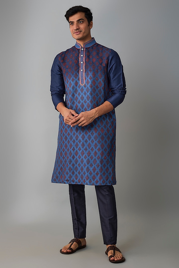 Dark Blue Ombre Silk Hand Embroidered Kurta Set by Krishna Mehta Men