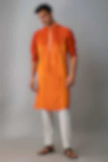 Red & Orange Ombre Tussar Block Printed Kurta Set by Krishna Mehta Men