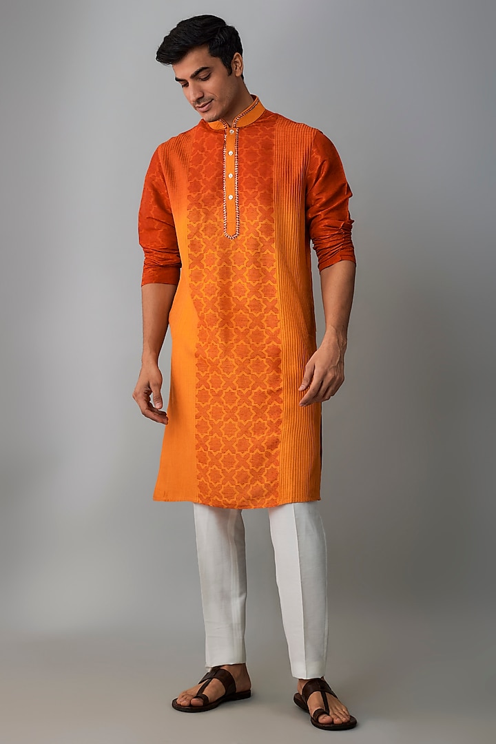 Red & Orange Ombre Tussar Block Printed Kurta Set by Krishna Mehta Men