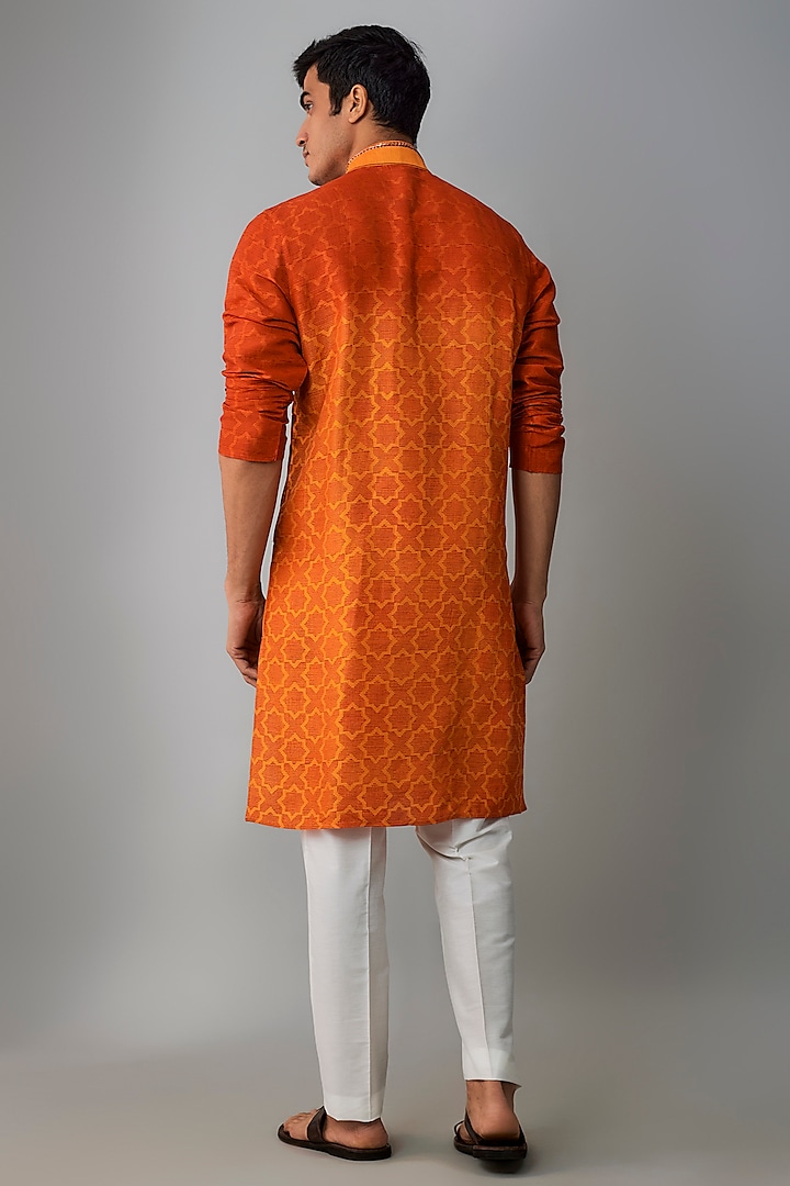 Red & Orange Ombre Tussar Block Printed Kurta Set by Krishna Mehta Men at Pernia's Pop Up Shop