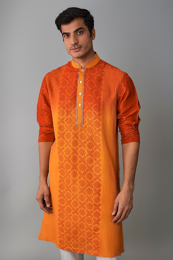 Red & Orange Ombre Tussar Block Printed Kurta Set by Krishna Mehta Men at Pernia's Pop Up Shop