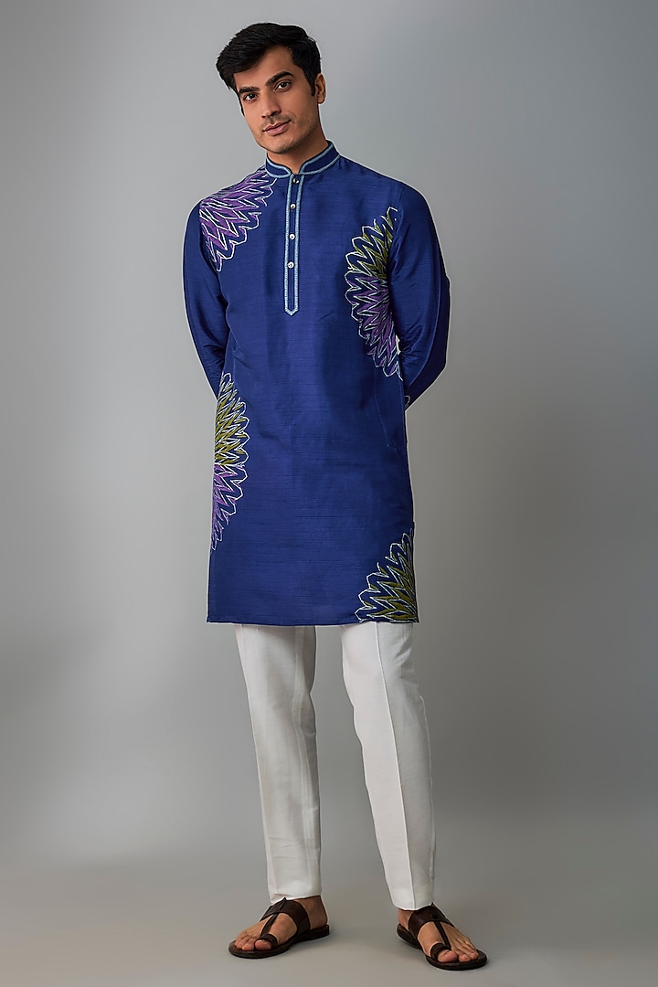 Navy Blue Cotton Printed Kurta Set by Krishna Mehta Men