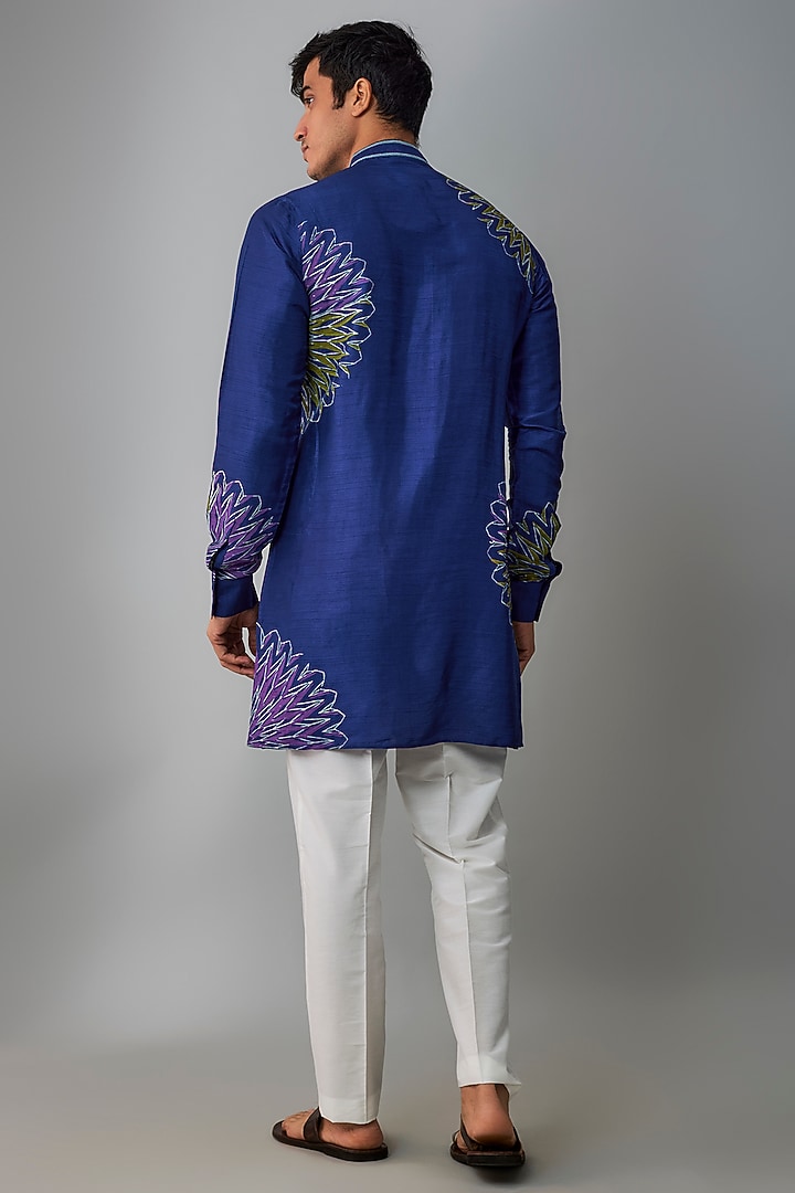 Navy Blue Cotton Printed Kurta Set by Krishna Mehta Men at Pernia's Pop Up Shop