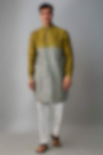 Olive & Grey Silk Block Printed Kurta Set by Krishna Mehta Men