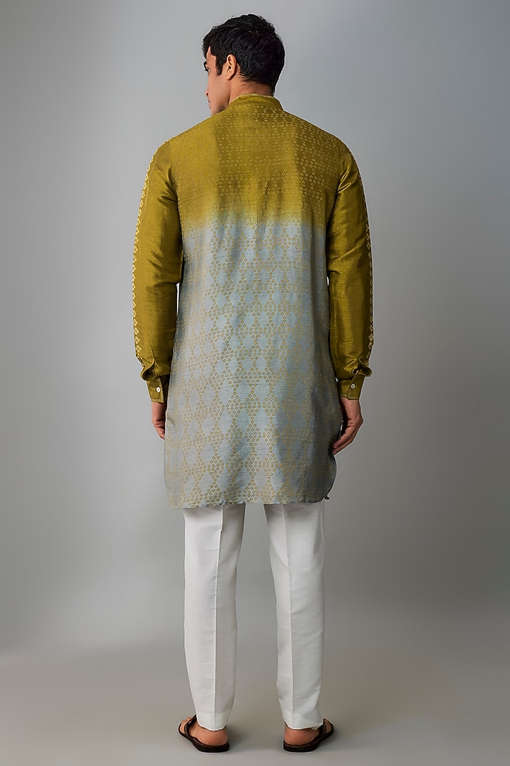 Olive & Grey Silk Block Printed Kurta Set by Krishna Mehta Men at Pernia's Pop Up Shop