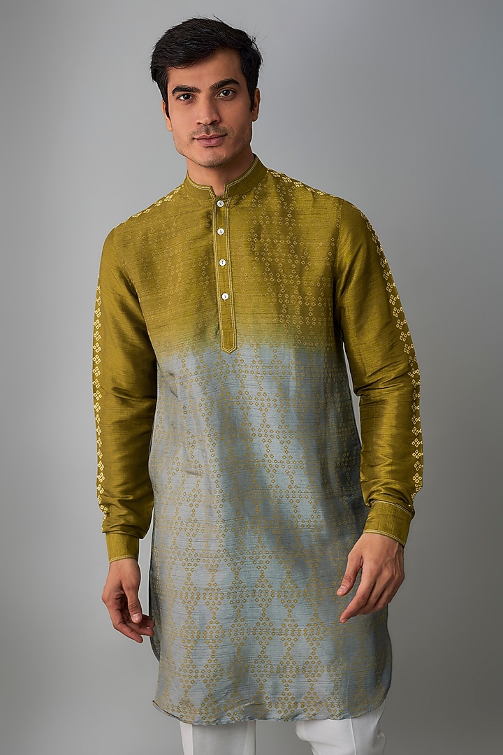 Olive & Grey Silk Block Printed Kurta Set by Krishna Mehta Men at Pernia's Pop Up Shop